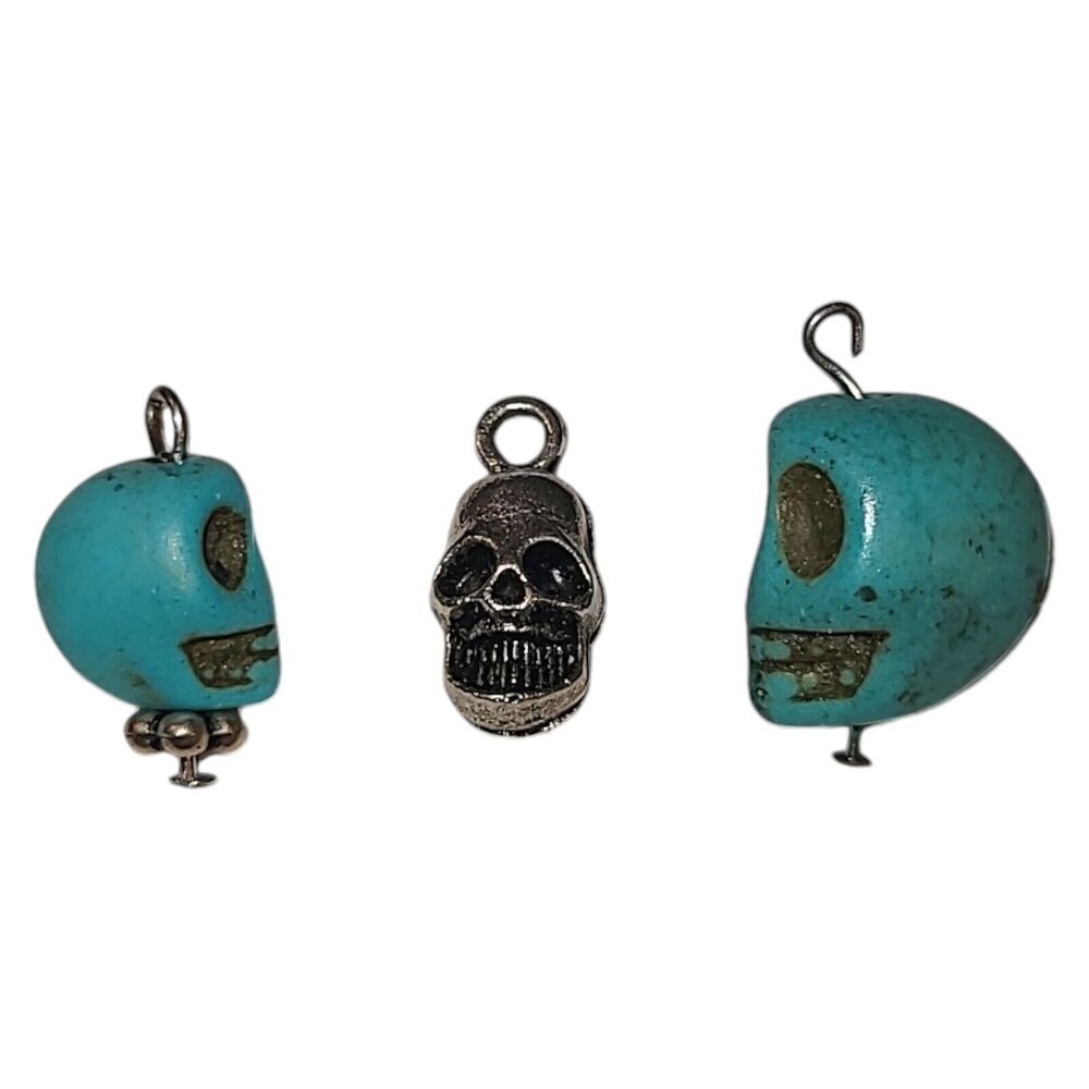 Lot Of 3 Skull Charms‎ 2 Carved Turquoise Stone & 1 Double-sided Silver Tone